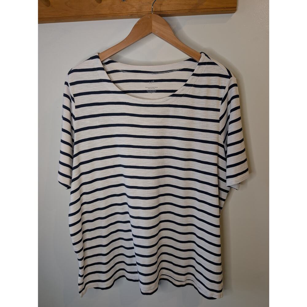 J. Jill Pima Cotton Breton Stripe Scoop Neck Side Slit Tee Black White XL